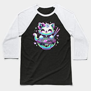 Pastel Goth Kawaii Cat Eating Bowl of Ramen Neon Blacklight Baseball T-Shirt